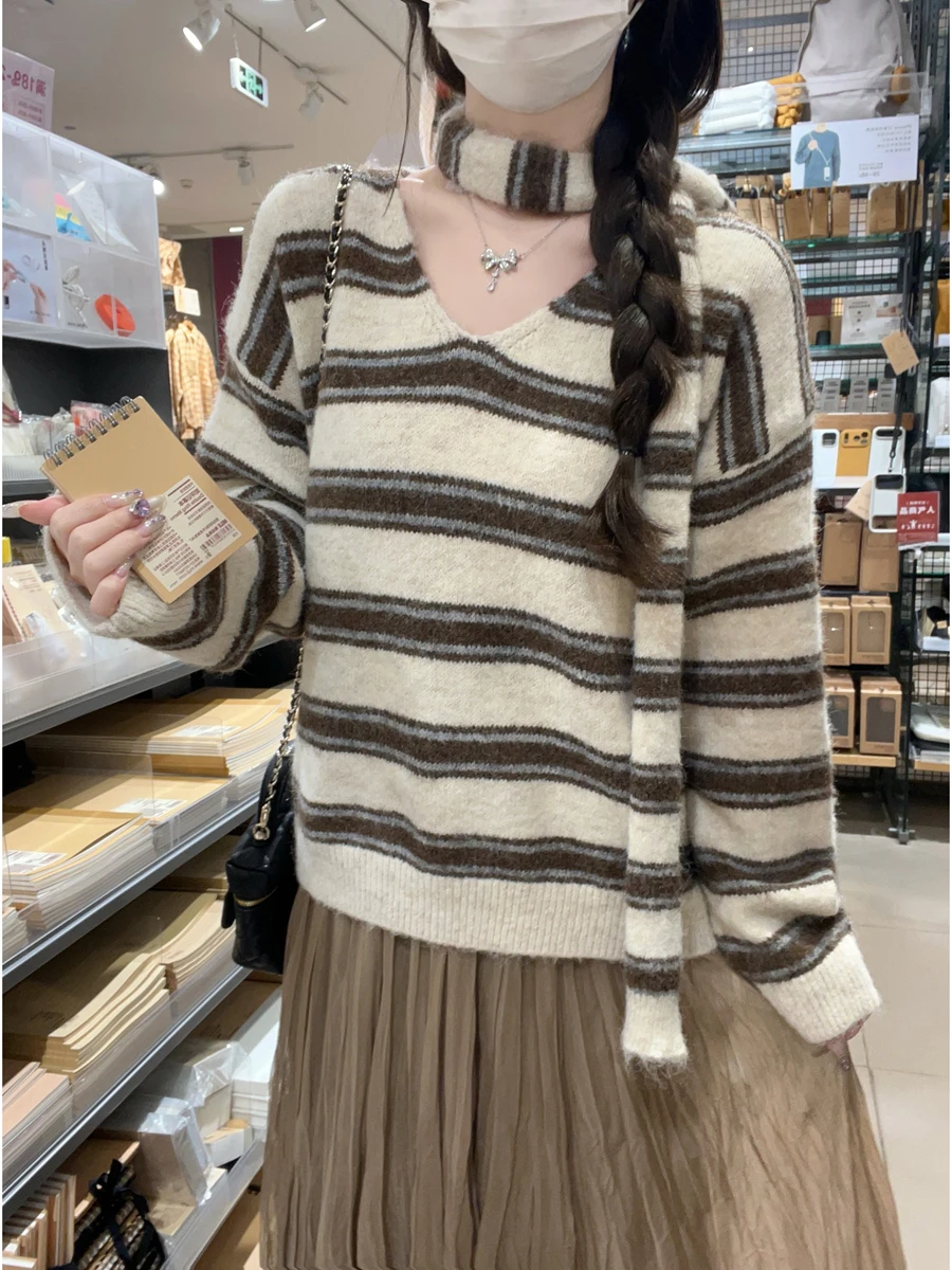 韓国 Sle ソフトルーズストライプ V ネックプルオーバーニットウェア女性の秋冬新ファイオントップ多用途ロング Sve セーター