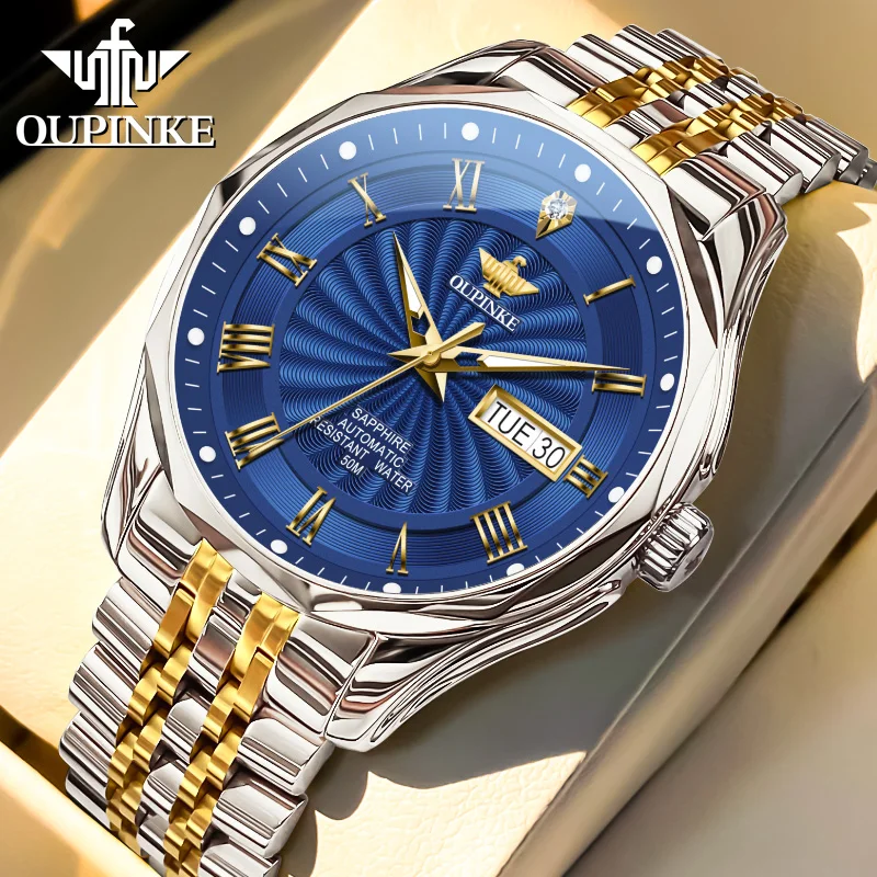 OUPINKE 3207 Mechanical Watch for Men Roman Dial Dual Calendar Display Imported Japan Movement Wristwatch