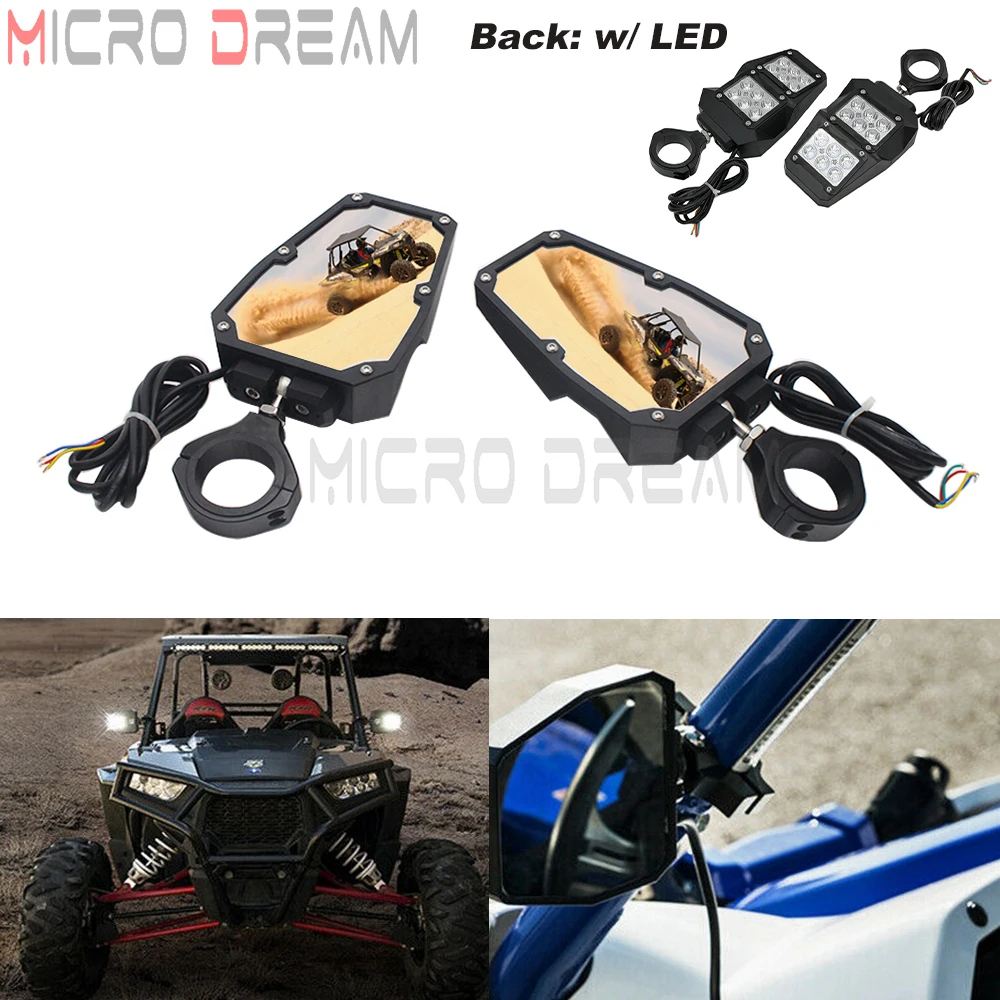 For Polaris RZR YXZ XP 900 1000 Can-Am Maverick Yamaha Rhino UTV Side Rear View Mirrors W/ LED Spot Lights 1.75-2 in Roll Bar