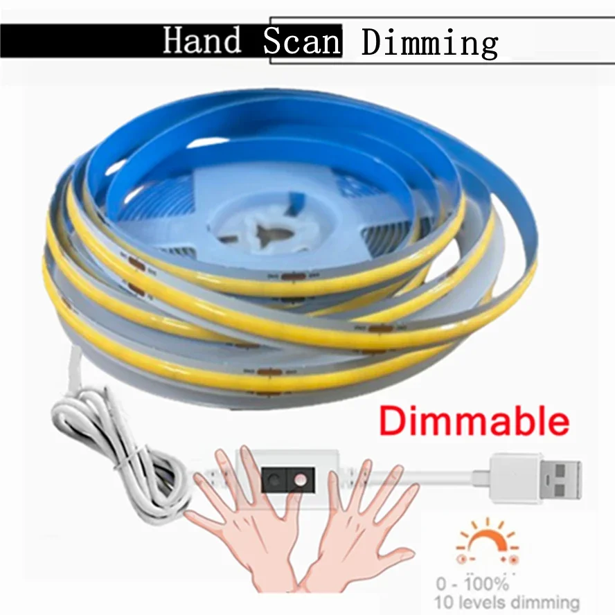 Superheldere USB DC 5V COB LED-striplicht 1m 2m 3m 4m 5m met handscan / dimbare aanraaksensorschakelaar / drukschakelaar 320 LEDs / m