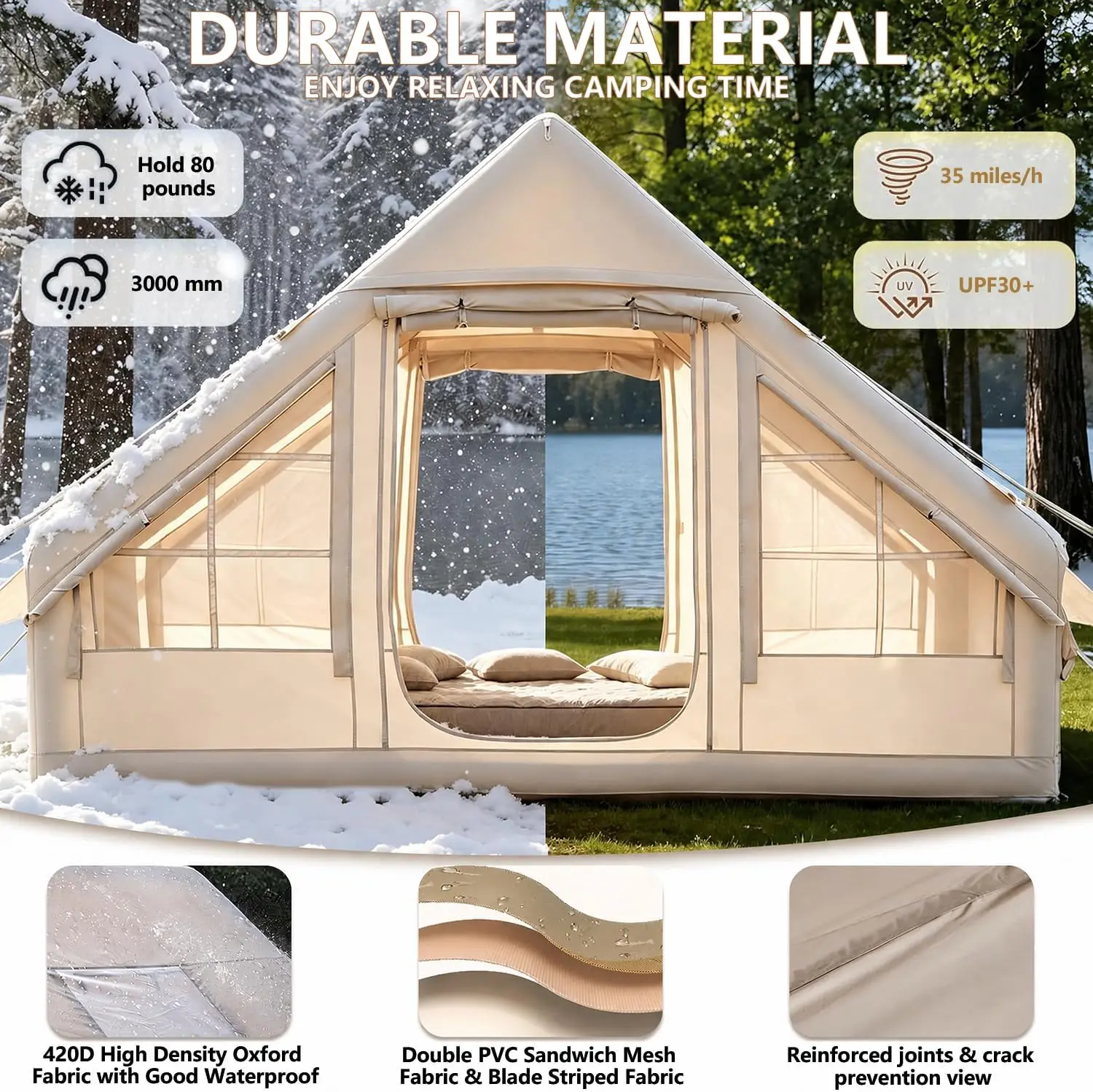 4 6 Person Inflatable Camping Tent Panoramic PVC Skylight Privacy Cover 420D Oxford Waterproof UPF30 PVC Air Beams Mesh Ventilat