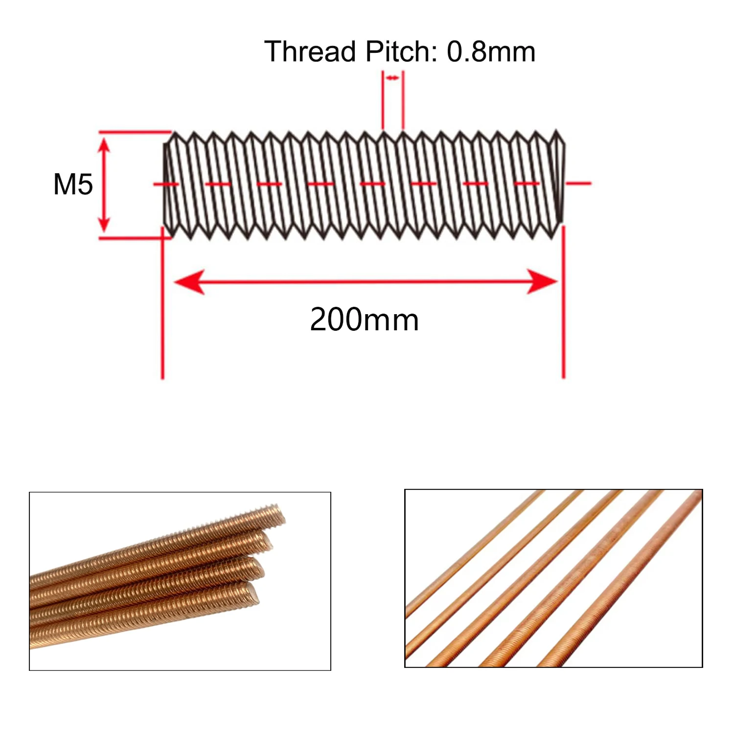 Haste rosqueada de cobre de 1 unidade - tamanhos M5/M6/M8/M10/M12, comprimento de 200 mm |   Barra de cravejante com rosca de cobre vermelho