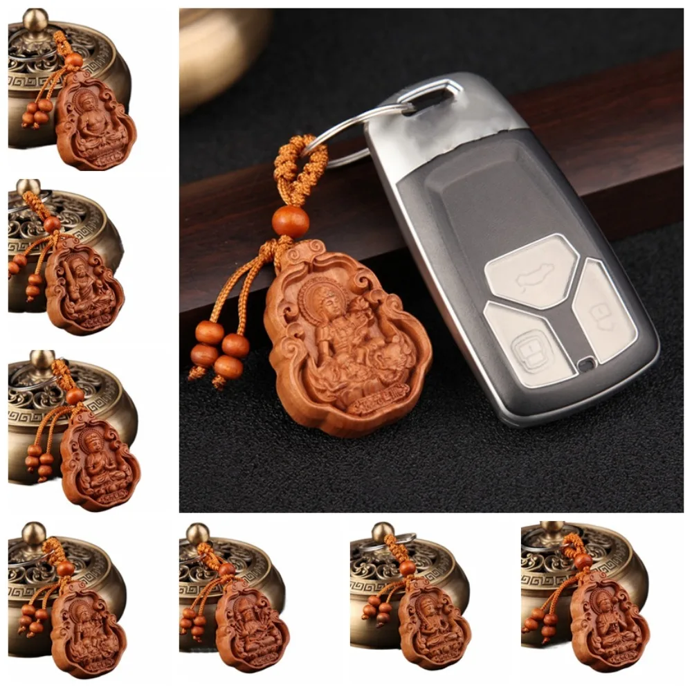 Bodhisattva Peach Wood Keychain Guardian God Religion Avalokitesvara Wood Keyring Carved Vintage Wooden Key Chain Car Keychain