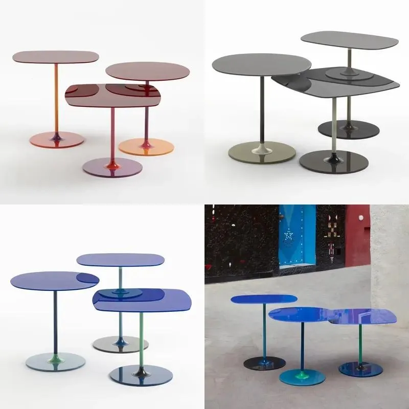 Modern style curved tempered glass side table three-piece set, can be combined and matched, smooth metal base, suitable
