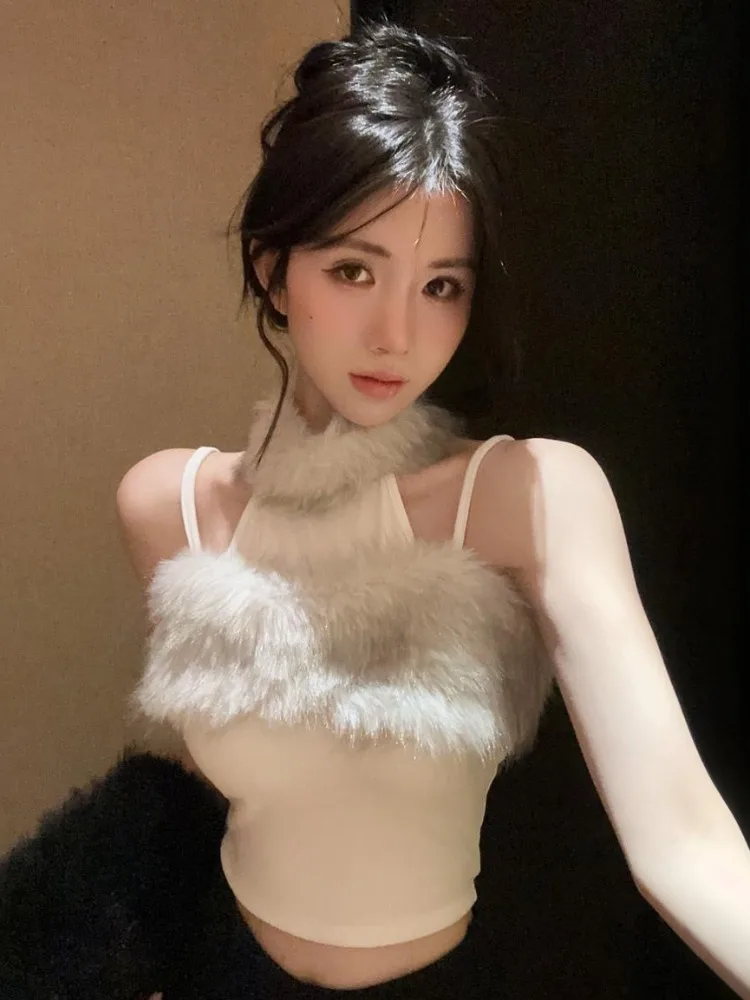 

Fashionable Short Sleeveless Vest Pure Desire Design Neck Hanging Neckline Trim Fit Patchwork Plush Versatile Autumn Winter N...