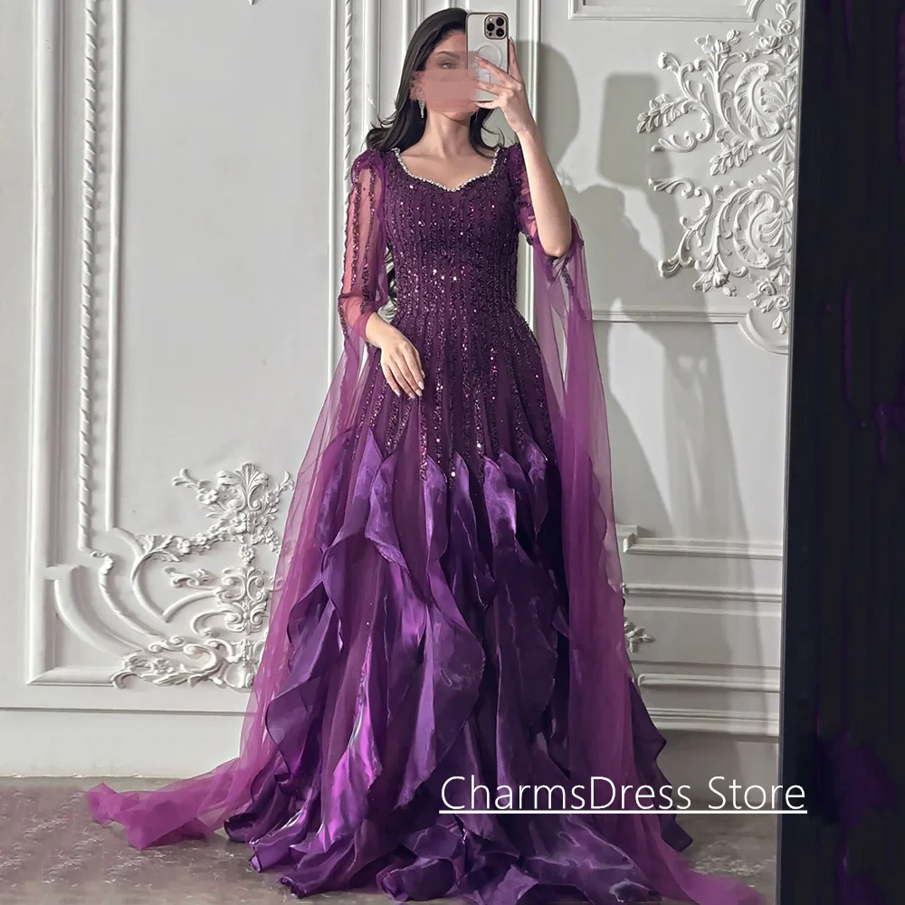 Luxuriöses Abendkleid mit Tüllärmeln, maßgeschneidert, V-Ausschnitt, Perlen, Pailletten, Rüschen, A-Linie, saudi-arabisches Abendkleid, Partykleider