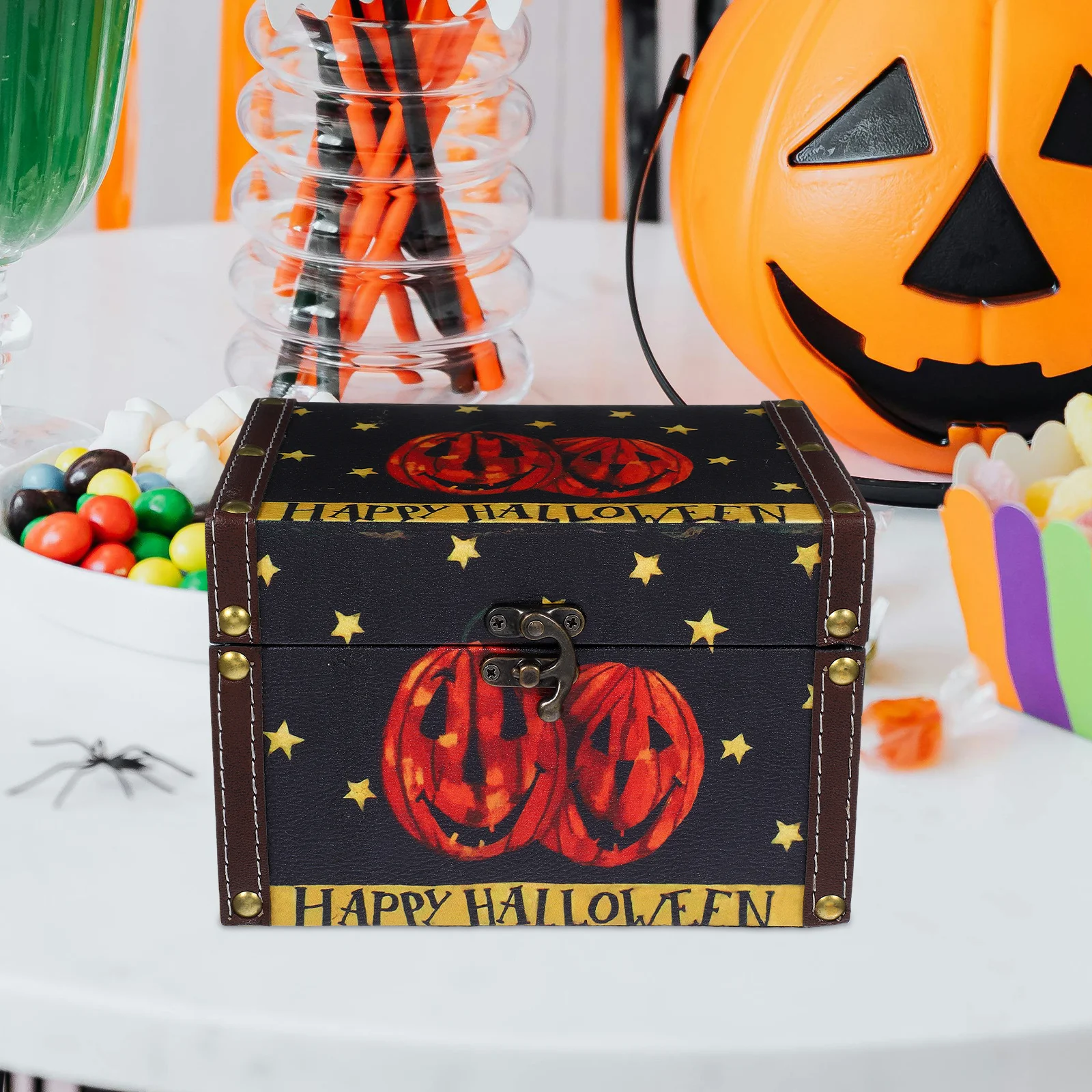 

1pc Halloween Wooden Storage Box Large Capacity Reusable Gift Organizer Hinged Lid Wood Box For Candy Chocolate