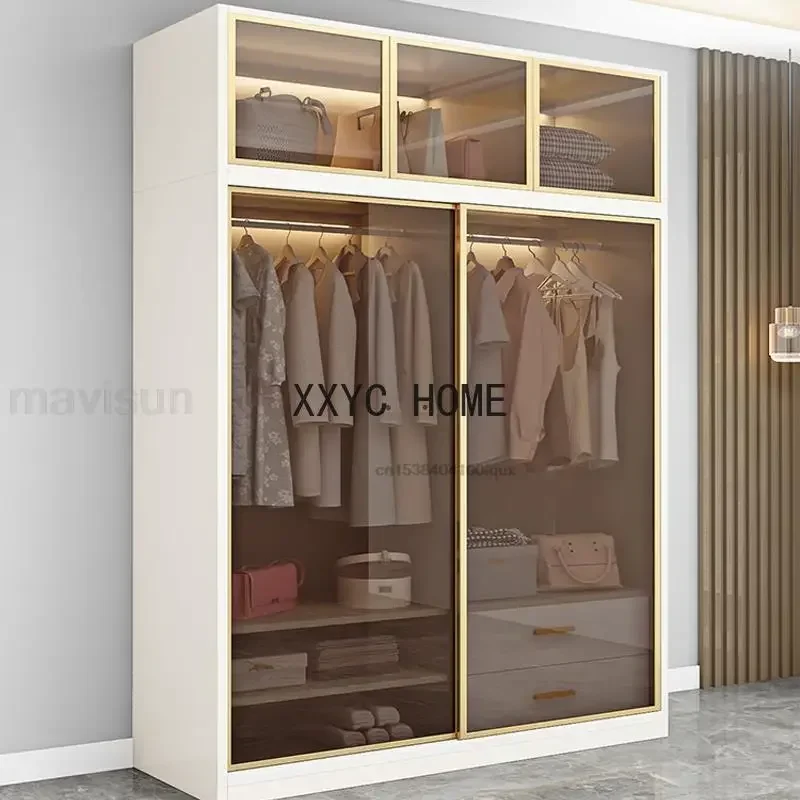 Italian Clothes Cabinet With LED Light And Storage Drawers Transparent Glass Sliding Door Bedroom Wardrobes Luxury Wood Closets