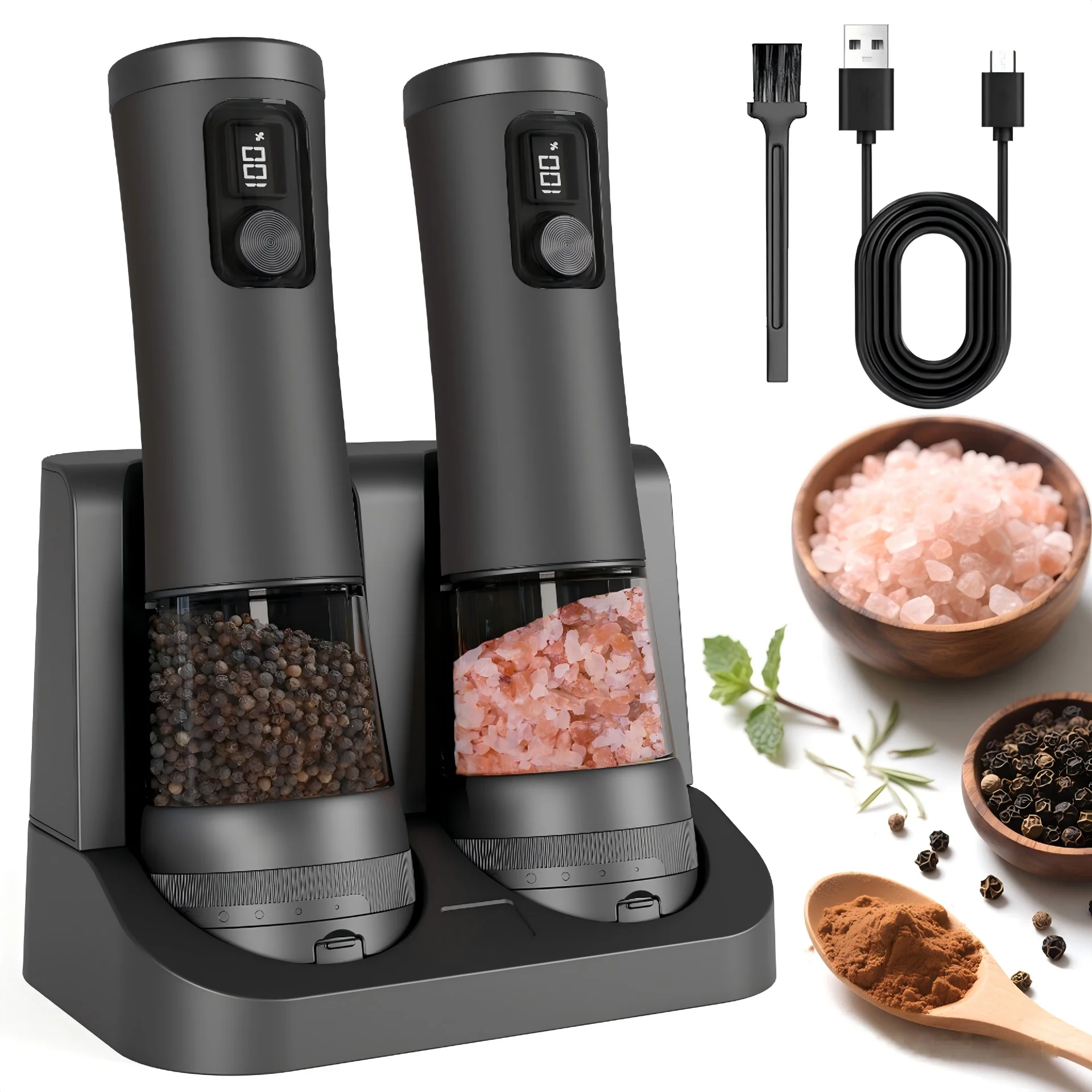 2 pcs Electric Automatic Salt and Pepper Grinder Set Led Light Grinder Set Spice Mill Adjustable…