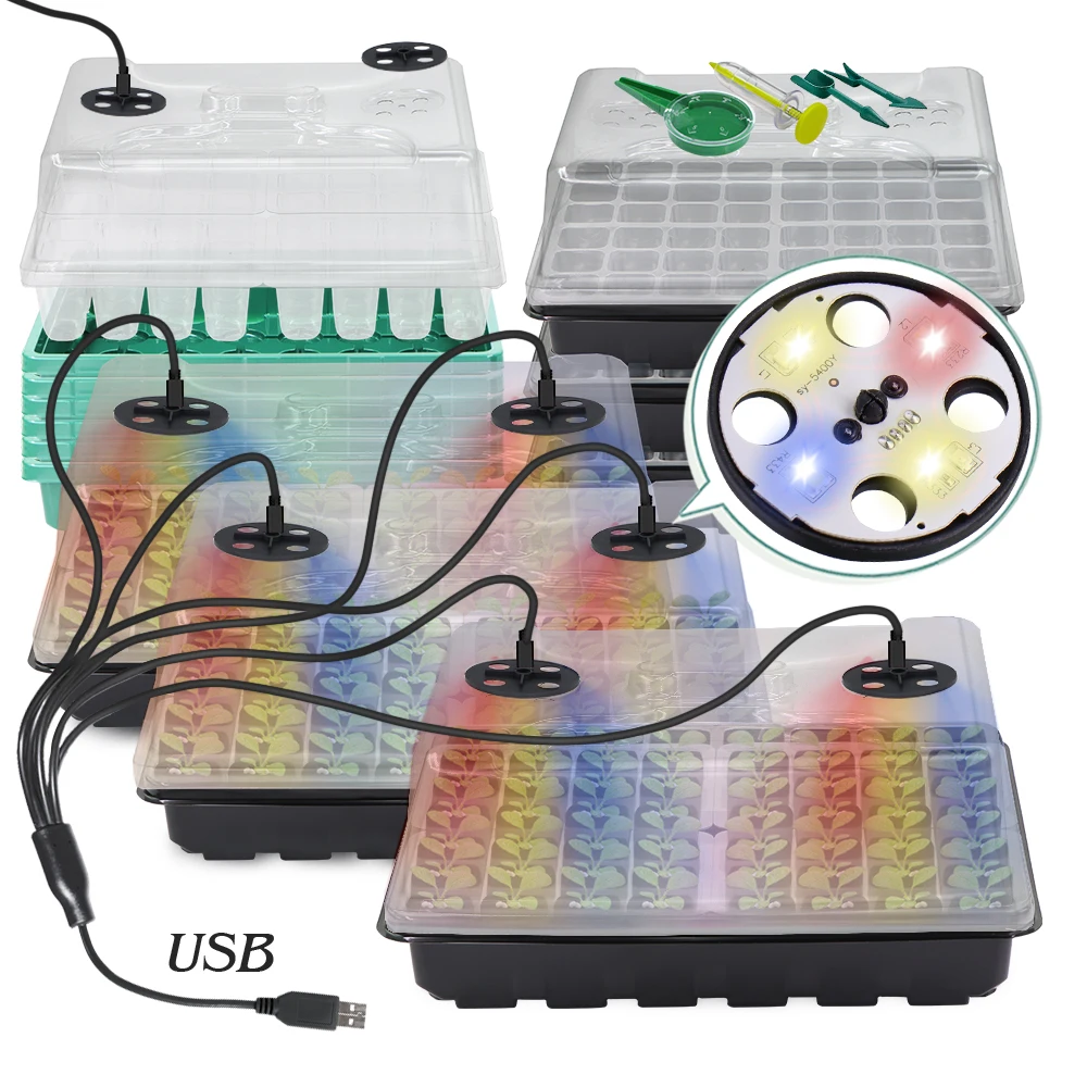 16CM Tall 48 Cells Seedling Starter Tray with Full Spectrum LED Grow Light Plant Germination Grow Box Indoor Garden Seed Growing