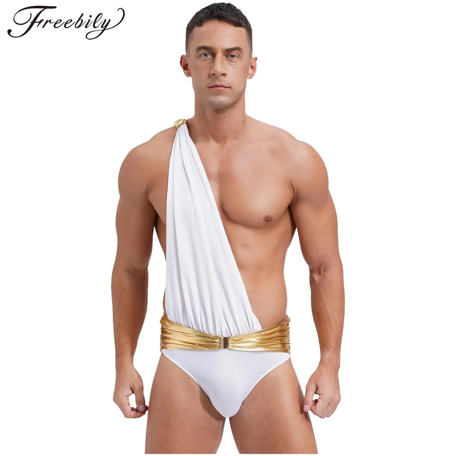 

Men Halloween Ancient Greek Roman Mr.Toga Cupid Cosplay Costume One Shoulder Metallic Belt Bodysuit for Carnival Theme Party