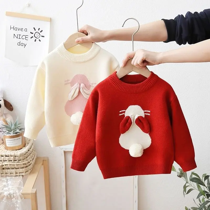 Children\'s Sweater Autumn and Winter Clothes Plush Girl baby Knitting Top Thickened Rabbit Sweater Christmas