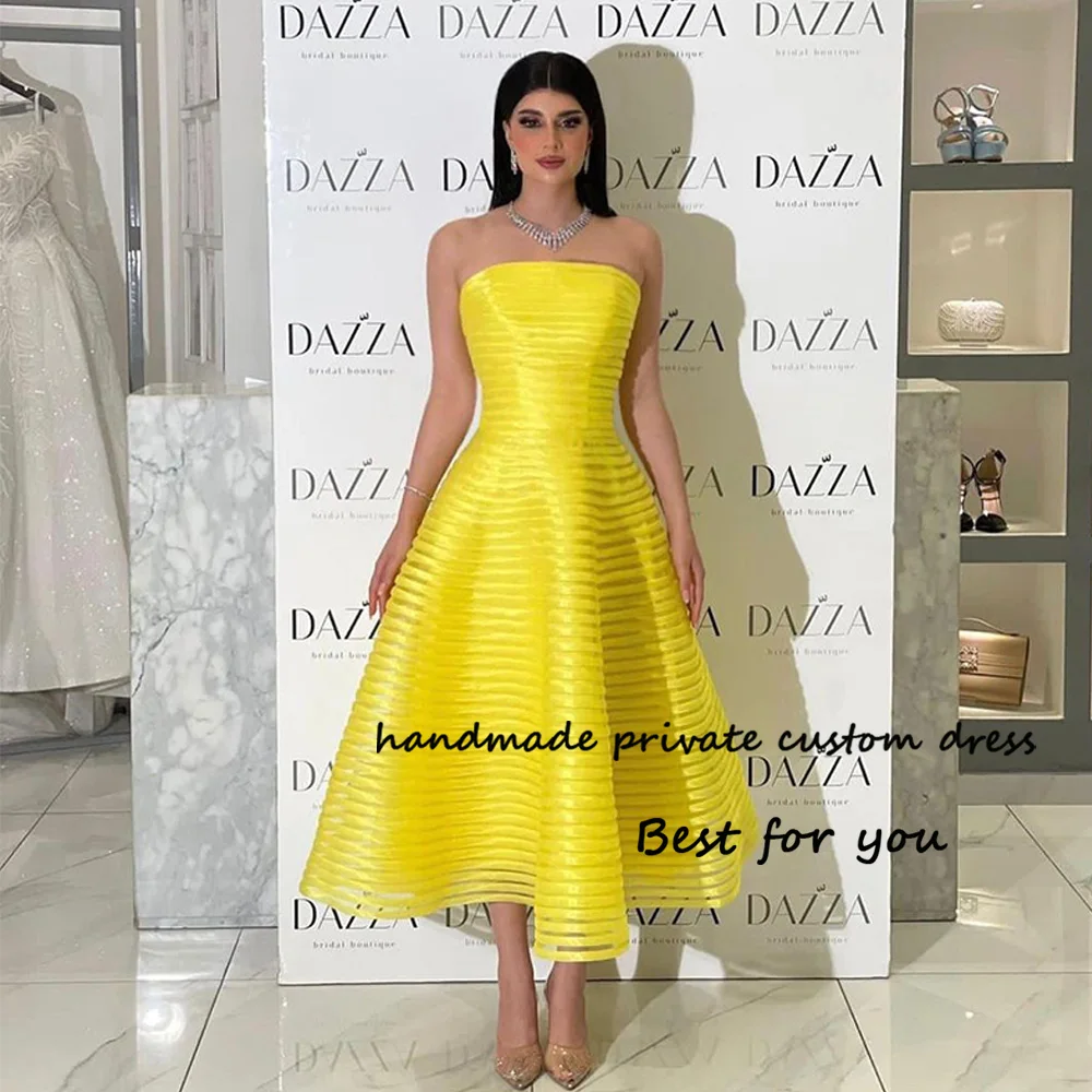 

Yellow A Line Strapless Evening Dresses Saudi Arabai Prom Party Dress Tea Length Dubai Formal Evening Gowns Lace Up Back