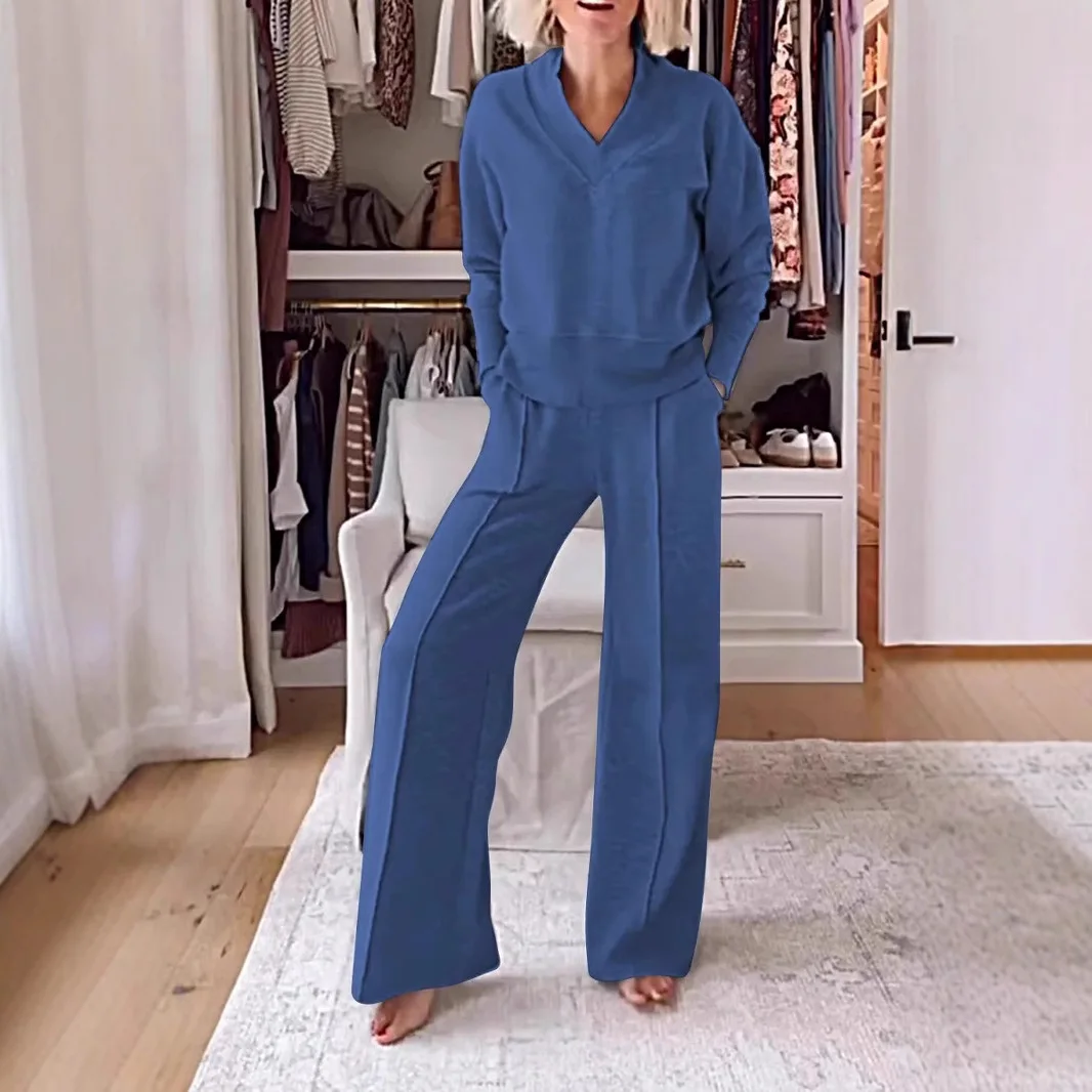 

Casual Sporty Style Two Piece Set Women Solid V-neck Long Sleeve Tops Wide Legs Trousers 2 Piece Sets Lady Commuting Pants Suit