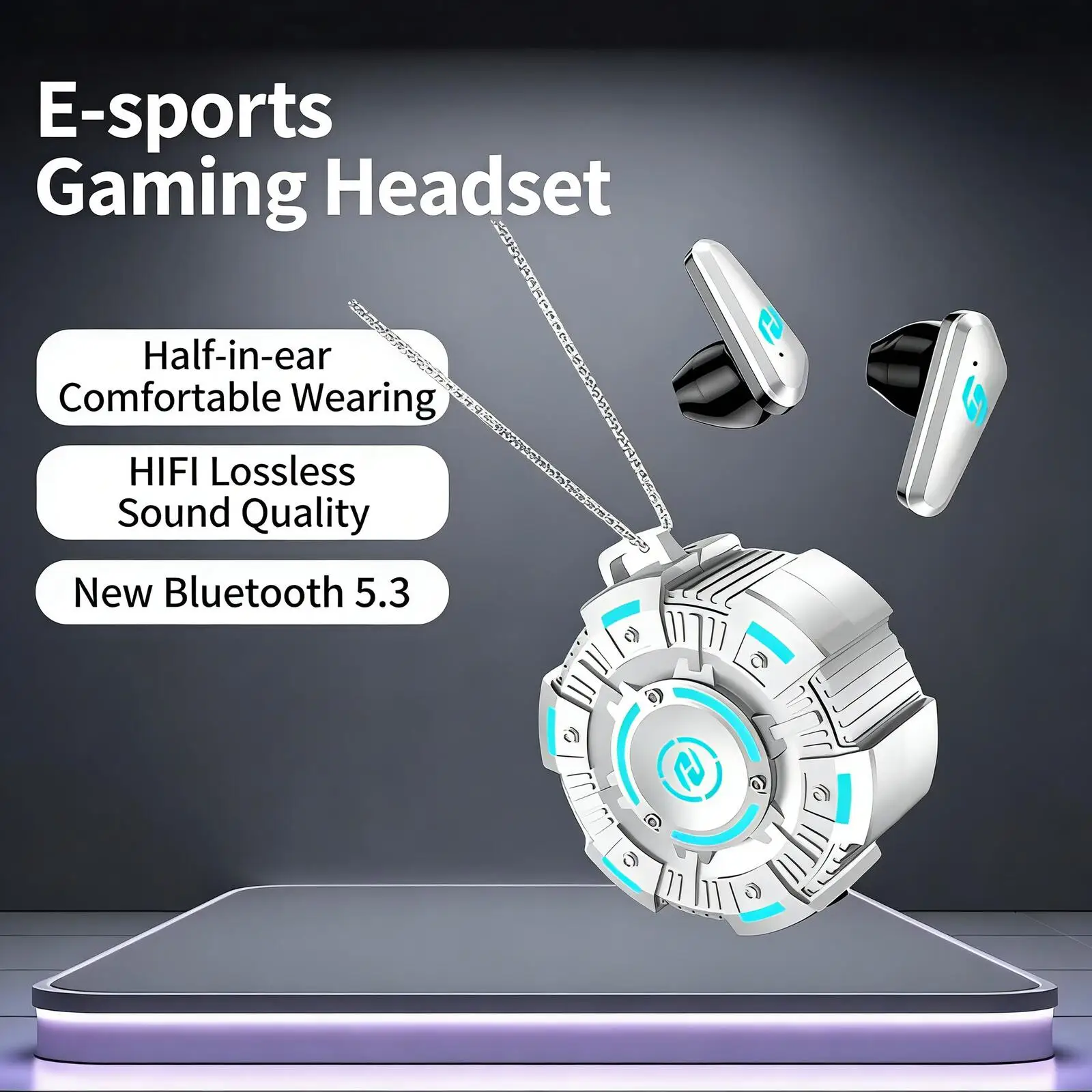 

Cool Lighting Esport Earbuds Wireless Bluetooth Semi-In-Ear Gaming Headphones with Noise Cancelling Mic, Ultra Long Playtime