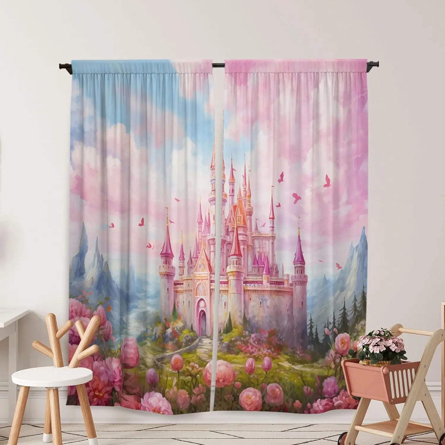 

Princess Castle Window Curtains for Kids Girls Magic Pink Fantasy World Fairytale Landscape Baby Living Room Bedroom Nursery