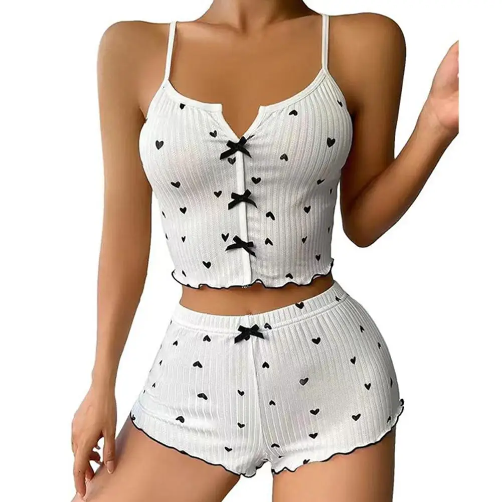 2-Piece Pajama Set for Women Cherry Print Bow Front Cami Top and Short Pajama Set Cute Soft Sleepwear 
