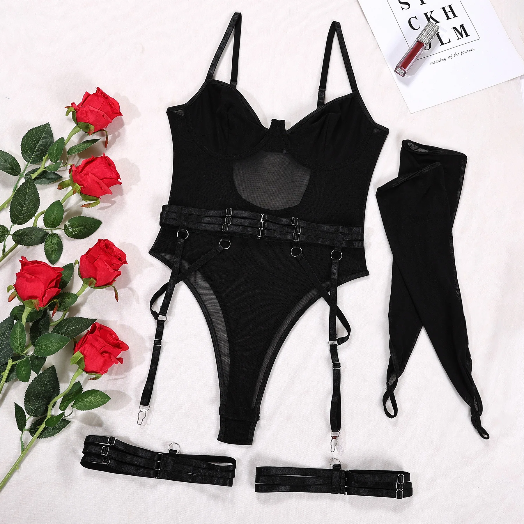 Yimunancy Mesh Bodysuit Women Gothic Black Spaghtti Strap Sexy Gloves Backless Body Femme Clubwear