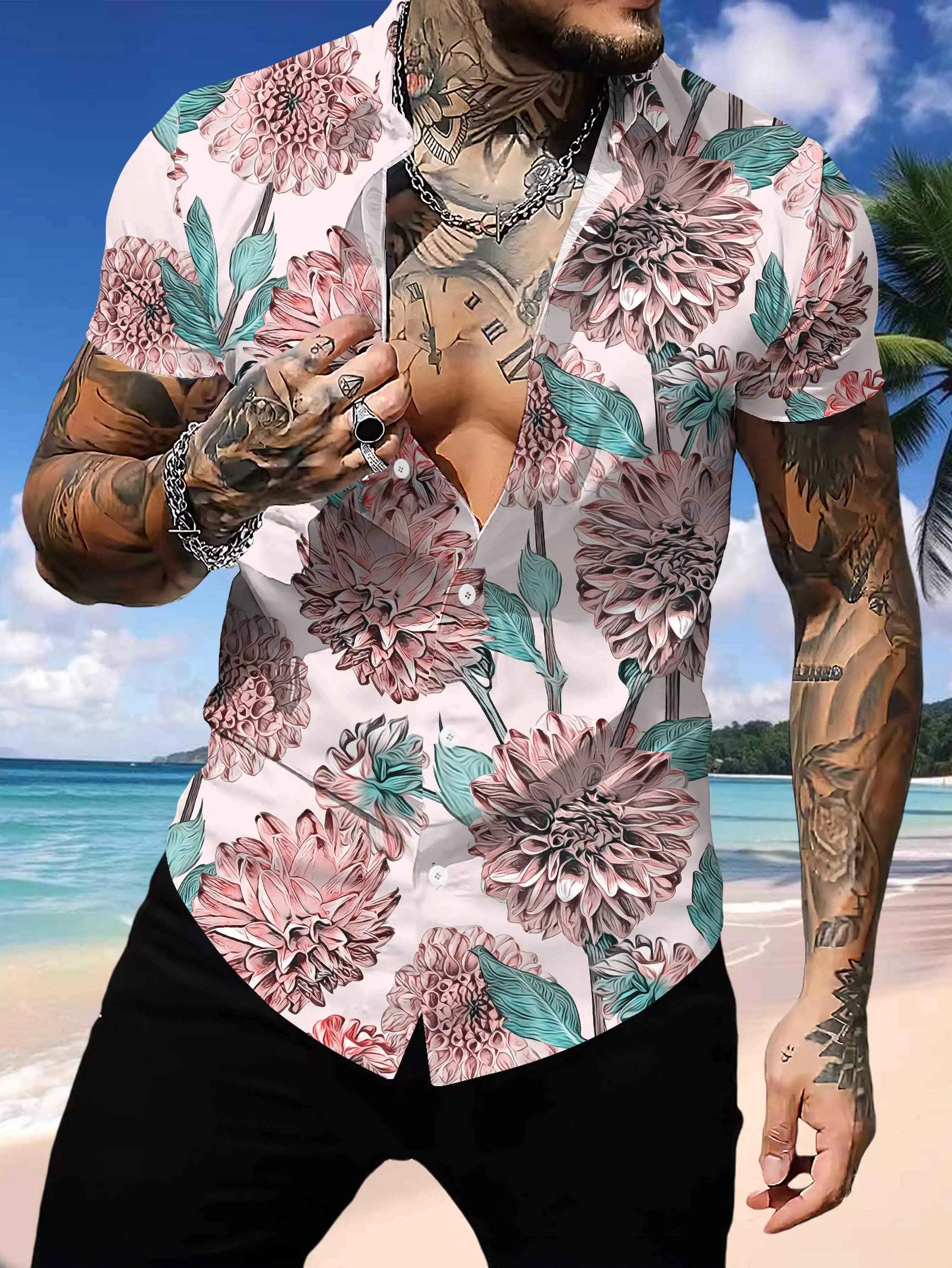 Summer Fashion Mens Hawaiian Shirts Short Sleeve Button Coconut Tree Printed Casual Beach Aloha Shirt Plus Size 5XL Hombre Ropa