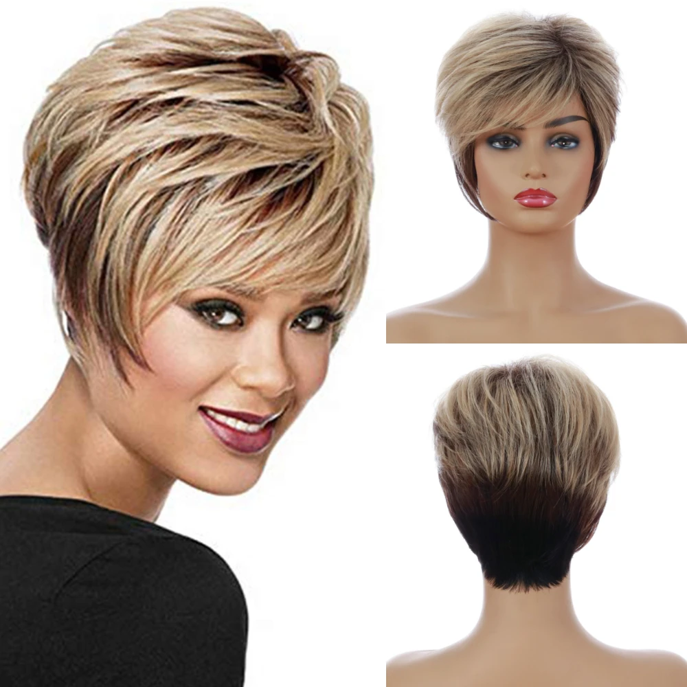 Ladies Short Omber Brown Synthetic Wig Pixie Cut Hairstyle Straight Wig With Bang For Women Daily Use Heat Resistant Fiber