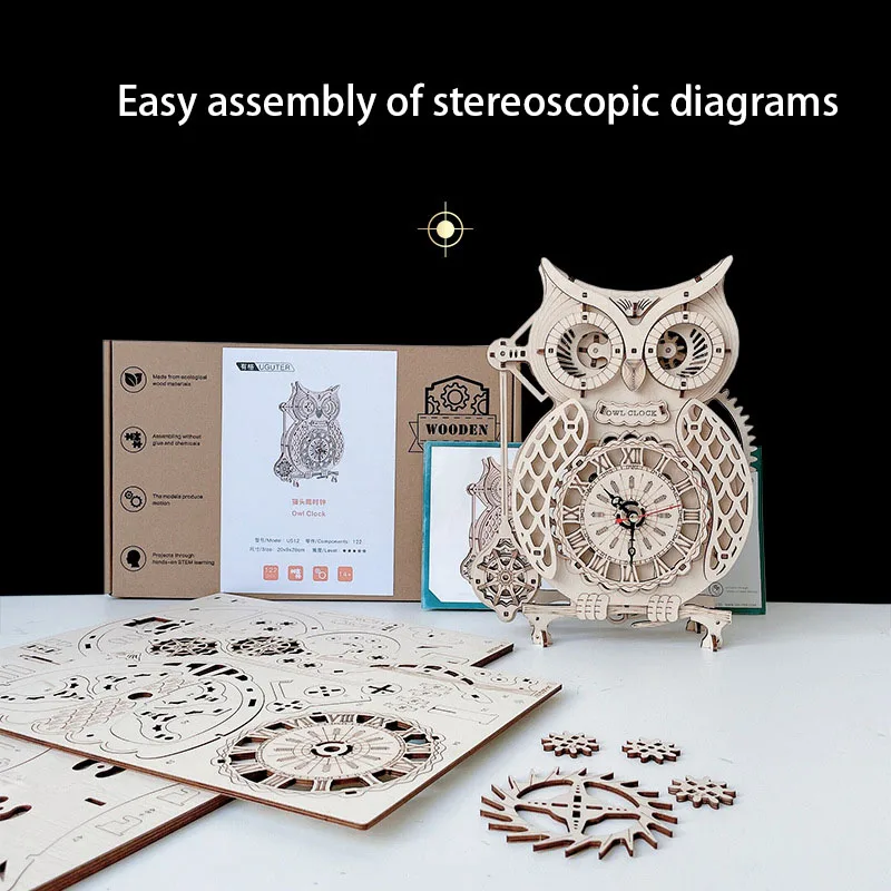 

Creative 3D Three-dimensional Puzzle Wooden Owl Clock Difficult Assembly Model Antique Pendulum Clock Shaped Puzzle