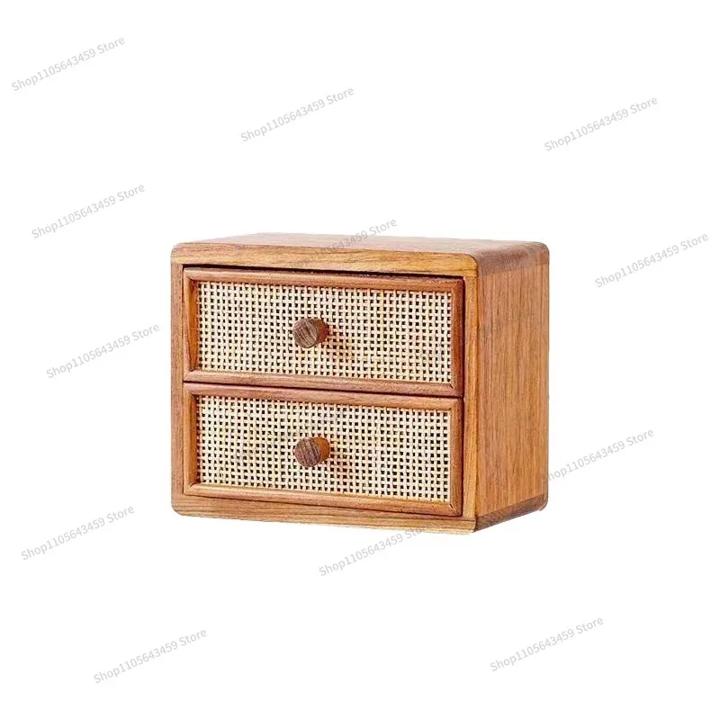 For Desktop Wooden Storage Cabinet Rattan Small Drawer Sundries Storage Box Office Desk Shelf Stationery Cabinet