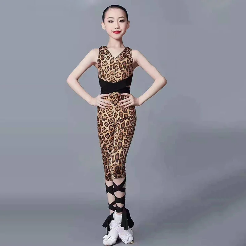 2023 New Latin Dance Costumes For Kids Leopard Top Pants Suit Practice Clothes Chacha Samba Tango Latin Performance Wear SL4744