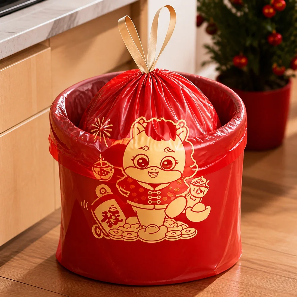 Trash Bags Red Printed Drawstring 1 Pack 50 Pcs for Home Kitchen Bathroom Office Waste Baskets Bin Liners and Daily Cleaning