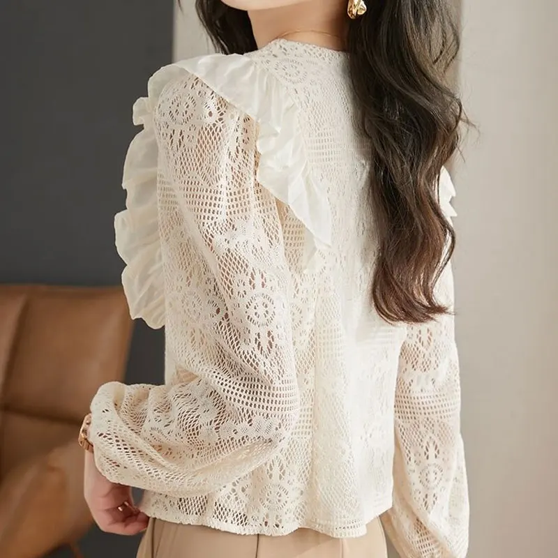 Summer Elegant V-Neck Blouse Women\'s Solid Color Commute Single-breasted Hollow Out Korean Straight Ruffles Spliced Shirt 2023