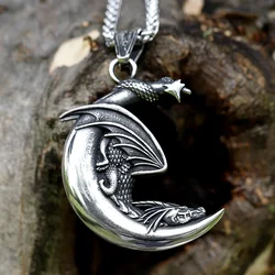 2022 NEW Men's 316L stainless-steel Viking Sleeping Dragon On The Moon Pendant Necklace fashion  Animal jewelry free shipping