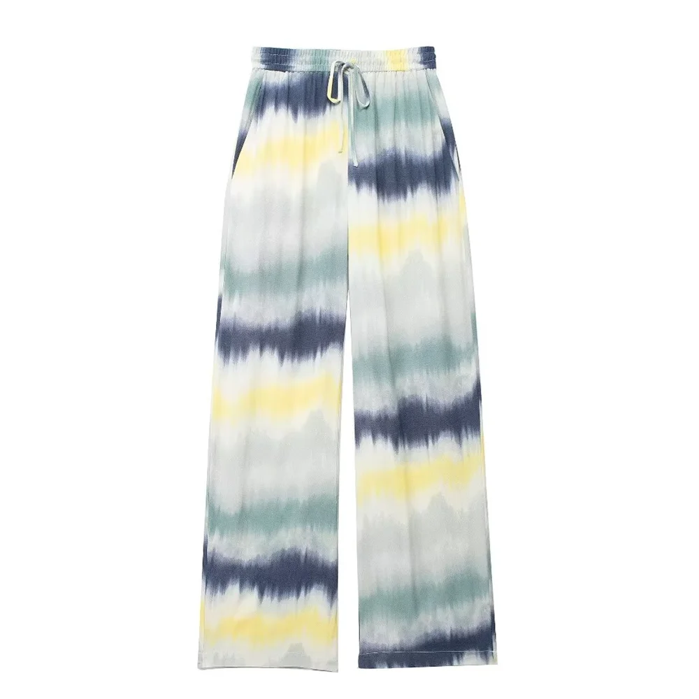 PB&ZA 2024 Spring New Women\'s Fashion and Elegance Casual Versatile Tie Dyed Printing Hanging Shirt Wide Leg Pants Set