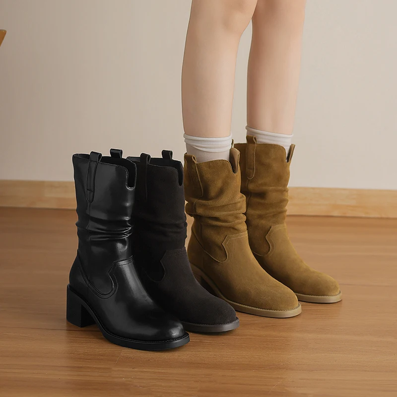 2026 new autumn winter women ankle boots 22-25cm cow suede/split leather+pigskin/plush pleated women short boots western boots