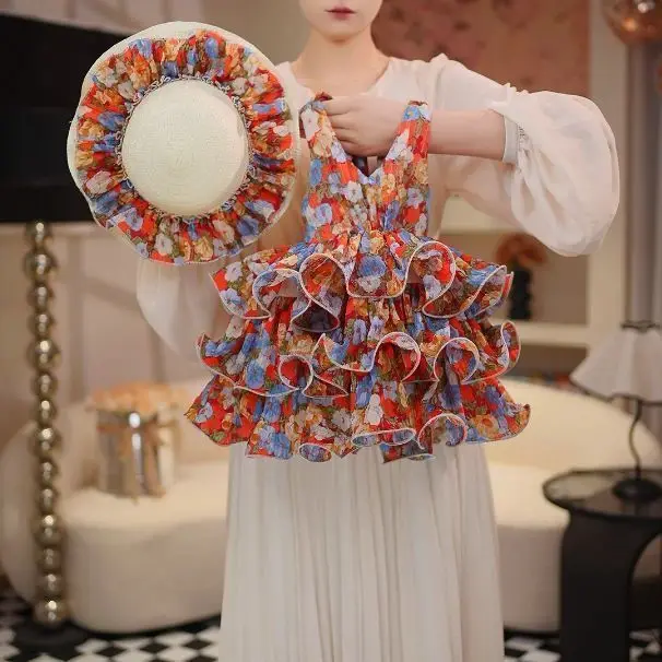 

Summer Girls New Floral Suspender Cake Dress Baby Girl Fashion Princess Dress Pleated Fashionable Dress