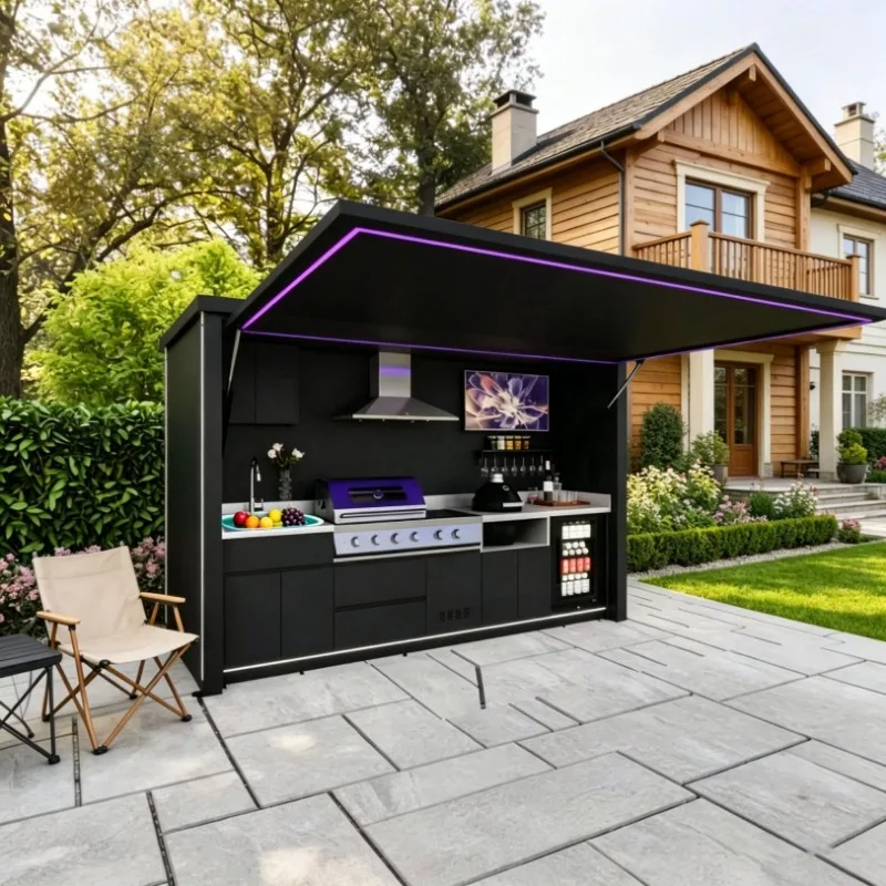 Garden Outdoor Kitchen, Practical Unit with Weatherproof Roof & BBQ Grill for Backyard Gatherings