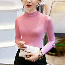 High Neck Lace See Through Women Shirt Retro Temperament Mesh Women's T-shirt Pink Red Purple Black Blue Office Lady T Shirt