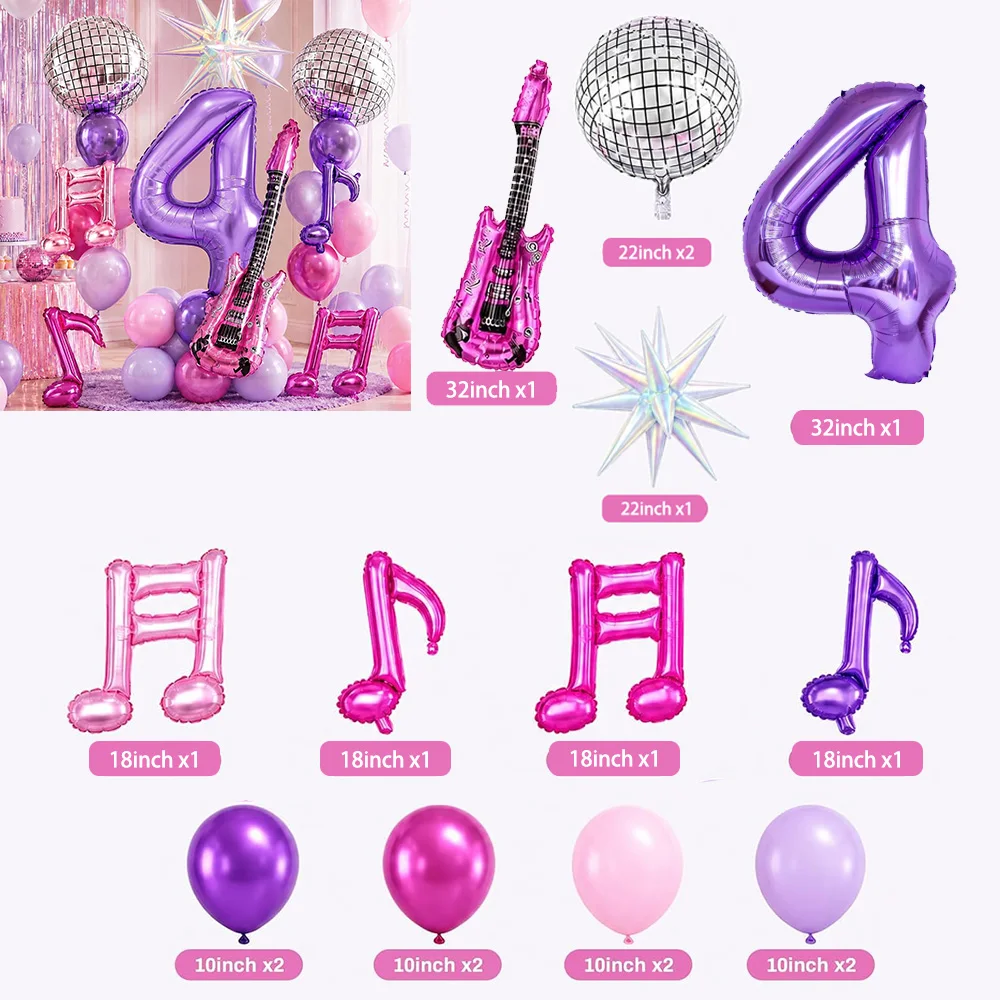 Kpop Geburtstagsdekorations-Ballon-Set, Discokugel, Gitarren- und Musiknoten-Ballons, Ornamente, Lila Geburtstagsparty-Zubehör, Partyartikel – Detail 8