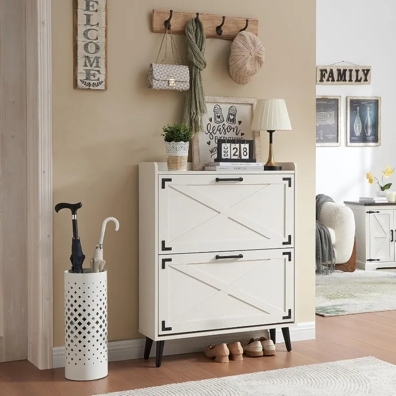 Shoe Storage Cabinet,Farmhouse Shoe Organizer with 3 Flip Drawers & Barn Door Design,Freestanding Hidden Slim Narrow