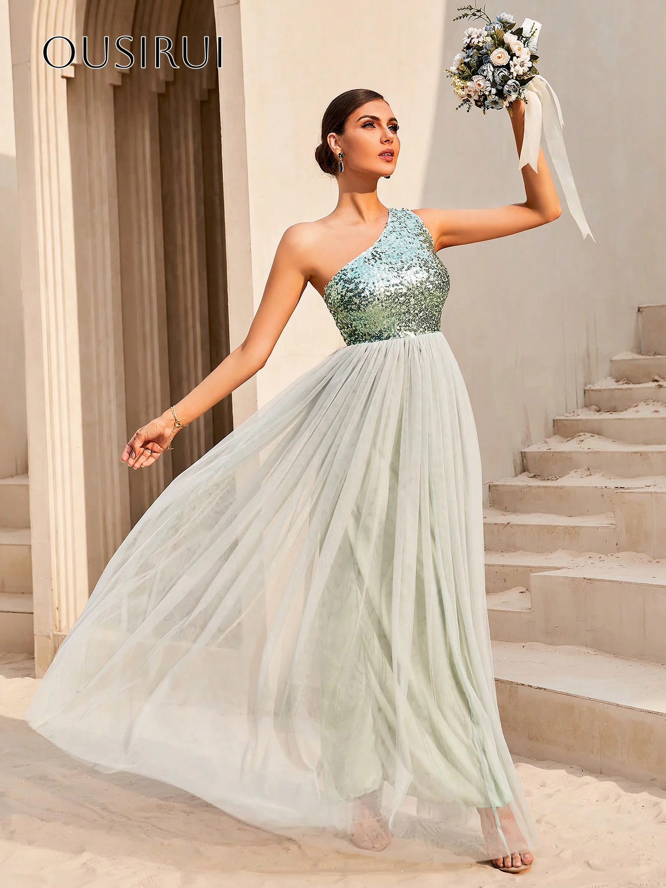 One-Shoulder-Abendkleider in A-Linie mit Pailletten, Tüll, ärmellos, maßgeschneidert, 1961 Afrikaans Robes De Soirée