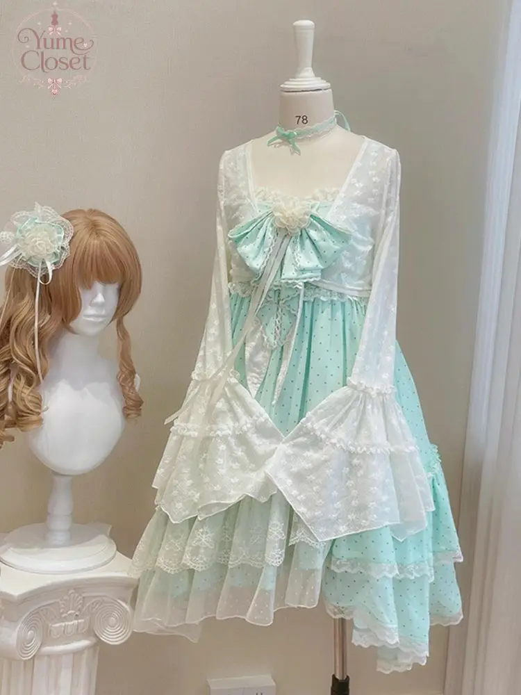 Gothic Lolita Japanese Vintage 2 Piece Dress Set Women's Lace Bow Cropped Cardigan Cami Dress Midi Dress Tea Party Outfit 2026
