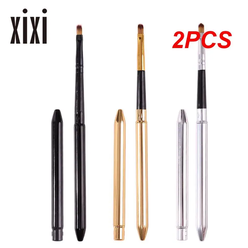 2PCS Golden Silver Collapsible Lip Makeup Brush Pen Metal Handle Lip Gloss Lipstick Lip Gloss Brush With Protective Beauty