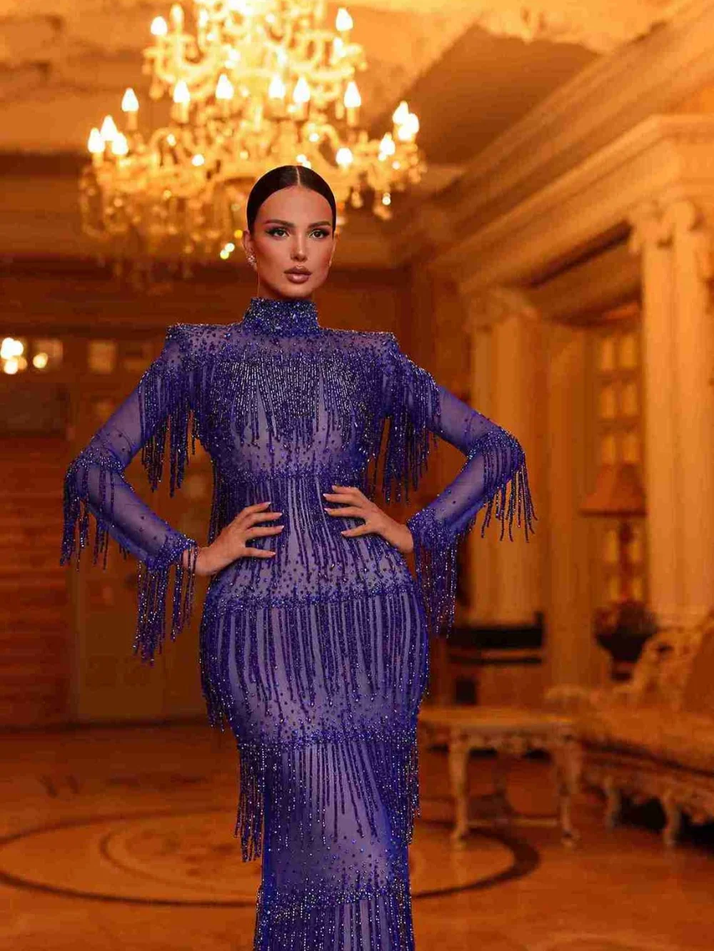 Vestido de noche con borlas y cuentas de color azul real, impresionante ilusión, vestido de fiesta de boda de sirena, vestidos de banquete elegantes personalizados con cuello alto