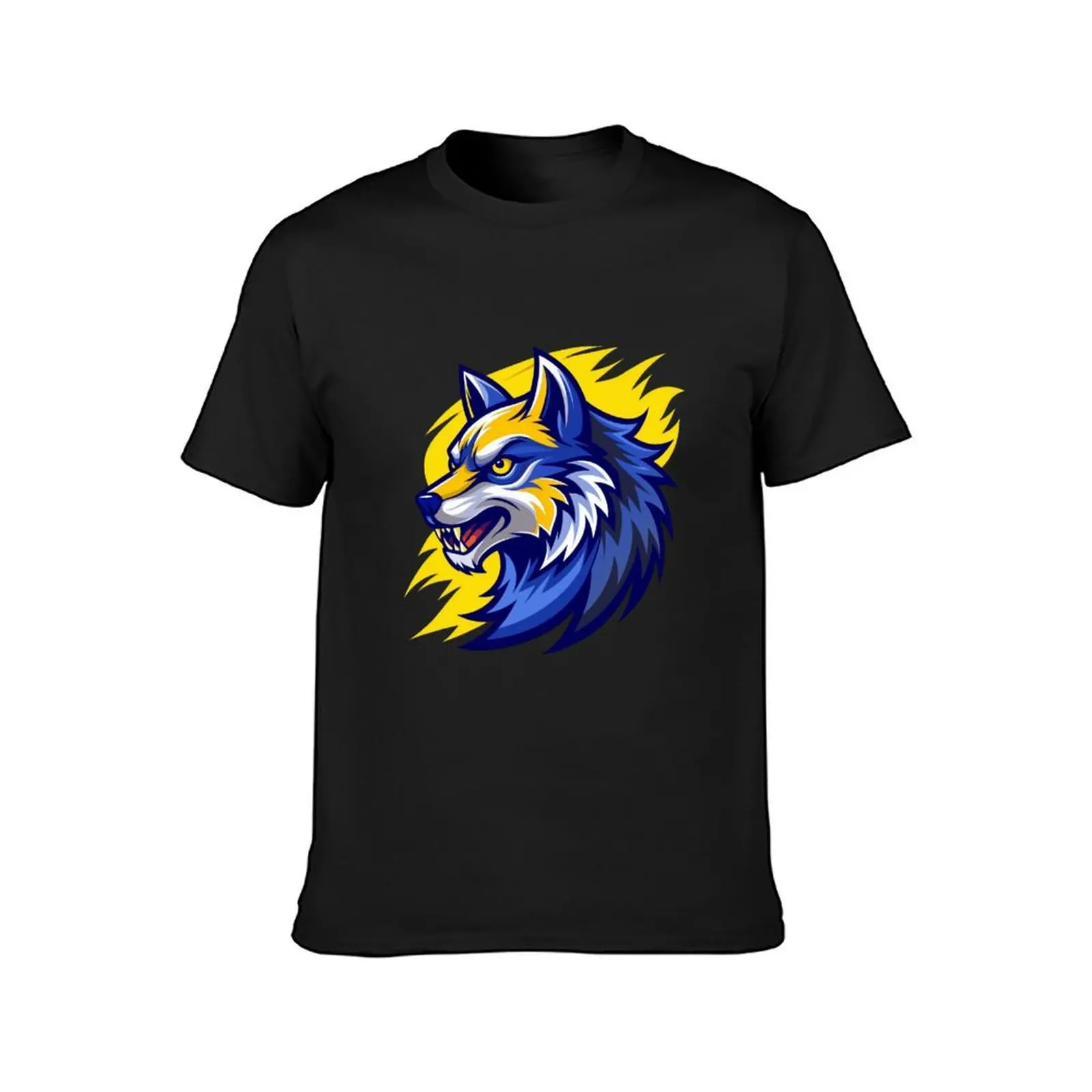 angry wolf head in yellow and dark blue T-Shirt oversized tees designer t shirt men