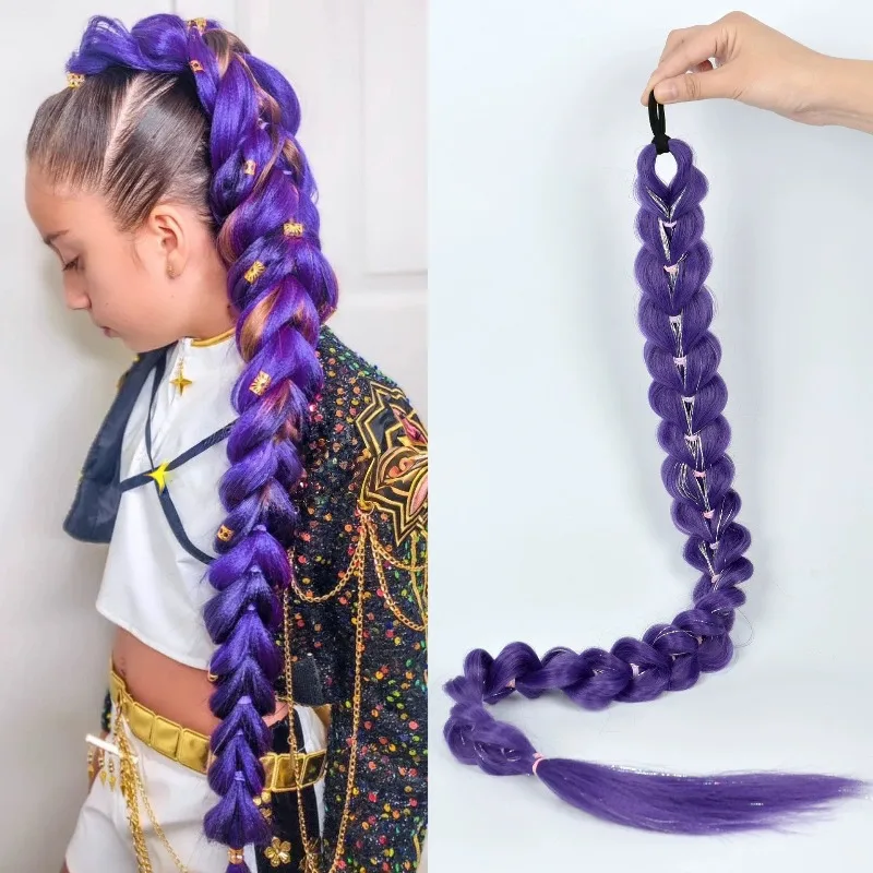 32 Inch Purple Heart Braided Ponytail Wig Shimmering Bubble Boxing Braids Kids Stage Performance Hairpiece Rumi Collection