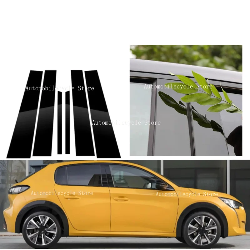 6pcs Silver Glossy Black Post Pillar Door Window Column BC Trim Sticker Cover Fit For Peugeot 208 2020-2024 Carbon