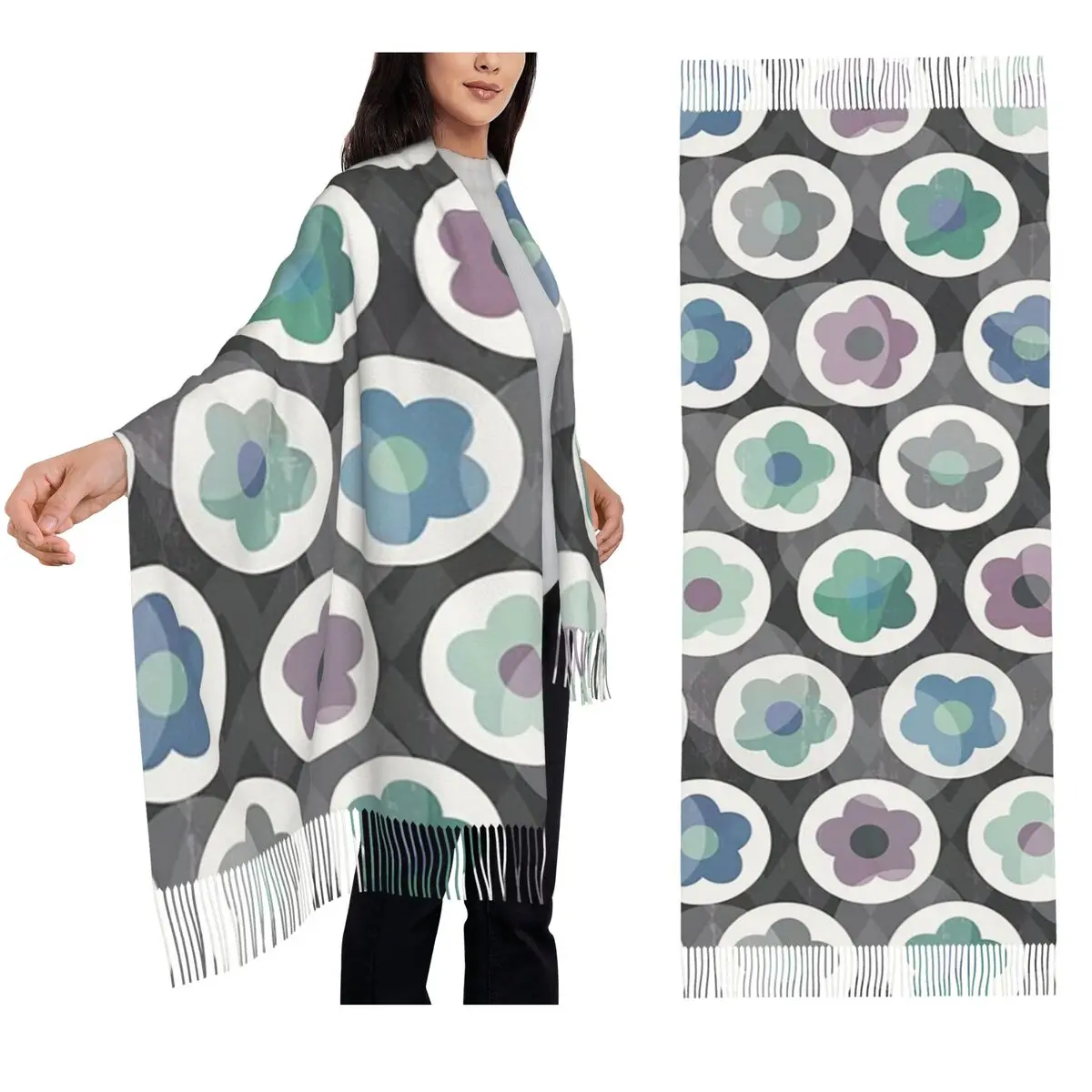

Ромашка Дейзи Узор в морской пене и серый шарф Шарфы с кисточками Женские мягкие теплые шали и накидки Большая осенне-зимняя шаль