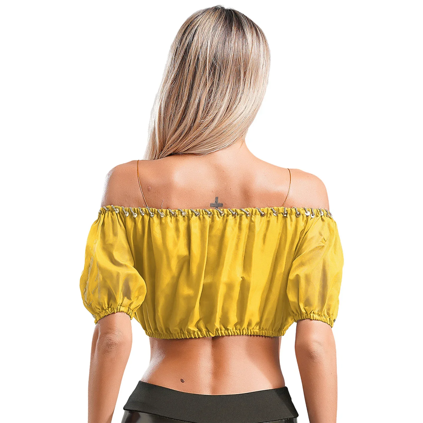 Damen Pailletten Halloween Orientalisches Indisches Bauchtanz Crop Top Puffärmel Kurze Ärmel Plastikperlen Bauchtanz Themenparty Kostüm
