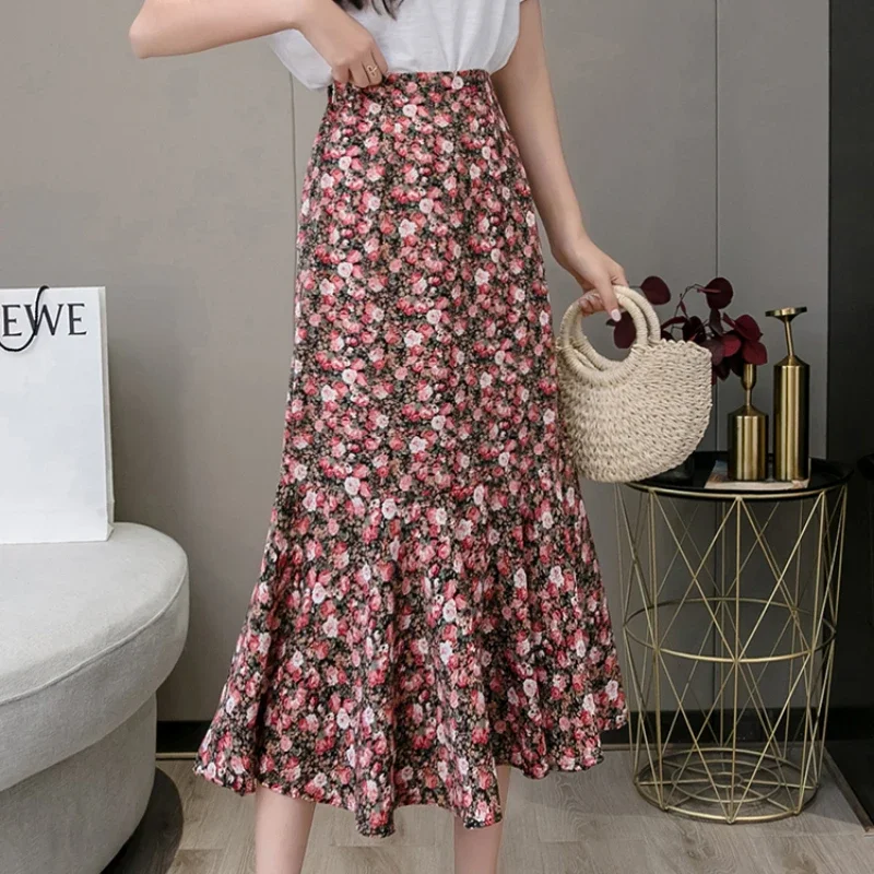 

Spring New Chiffon Skirts Women Summer Chic Floral Printed Loose Korean Style High Waist Flounce A-line Mermaid Skirt Female