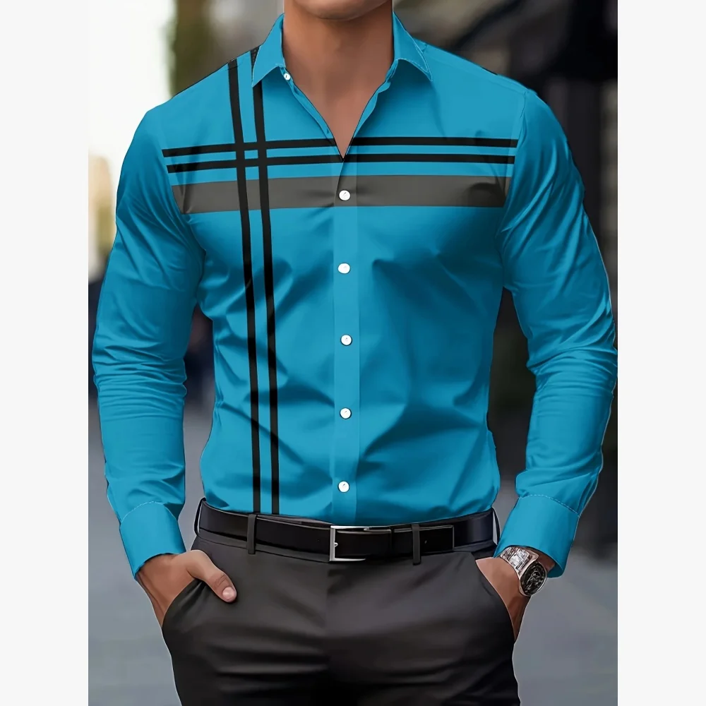Men's Checked Trend Stripes Long-Sleeved Shirt Casual Button Shirt High-End Striped Design Shirt Men's Fashionable Clothing Tops