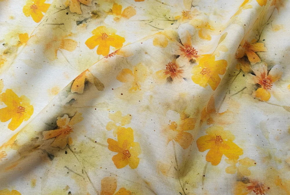 1 meter X 1.4 meter Summer Dress Fabric Natural Viscose Ramie Material Yellow Floral