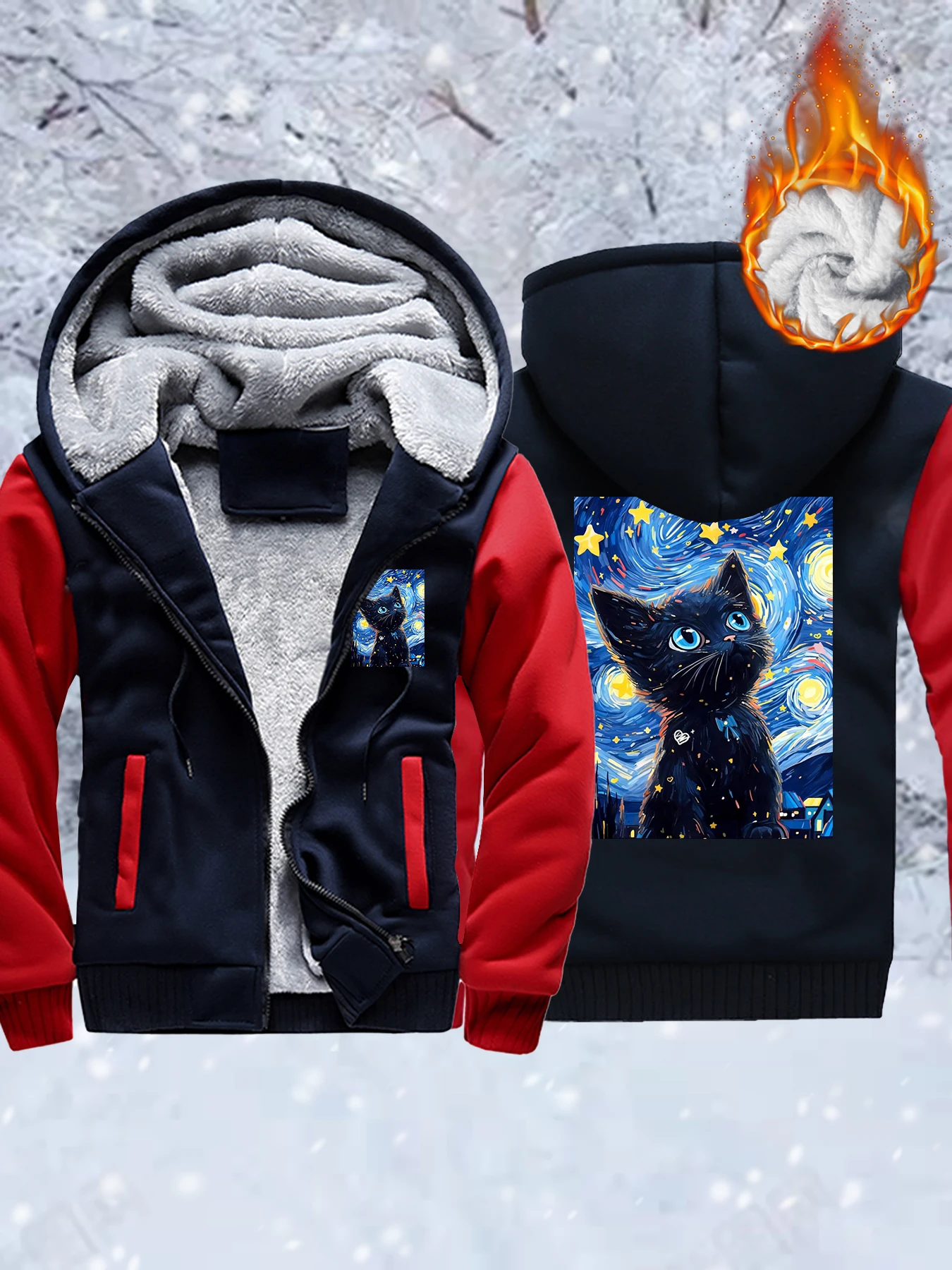 اللوحة الزيتية الملونة القط يطبع رشاقته معاطف الهيب هوب المتضخم سترة جيب سستة الشارع الشهير الشتاء الصوف للجنسين هوديس #3